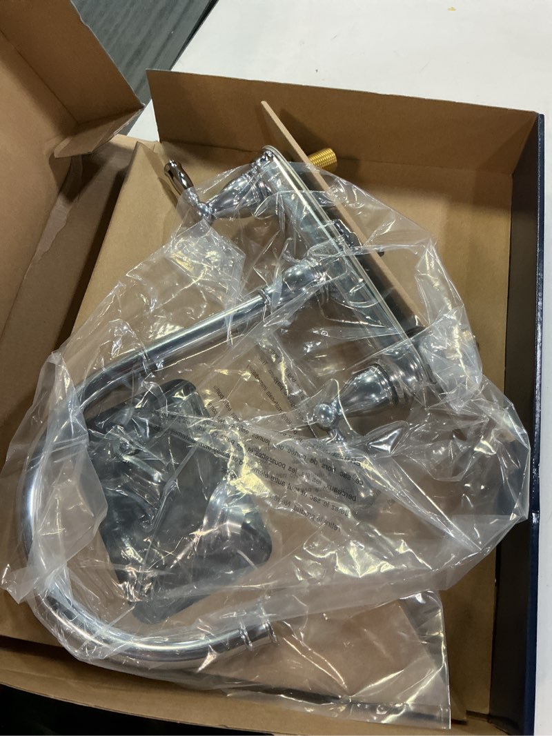 Condition photo showing As Is for project source brice polished chrome double handle deck-mount kitchen faucet (includes deck plate) 