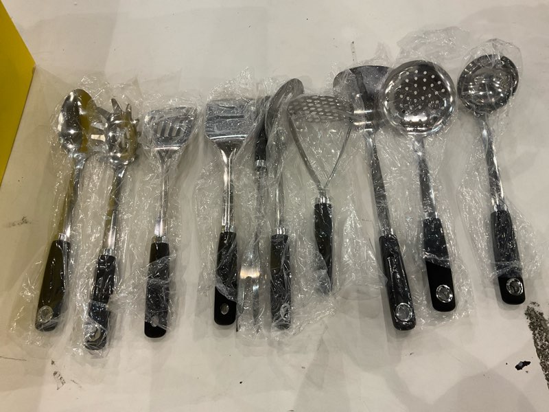 Condition photo showing New/Like New for 10 Piece Stainless Steel Cooking Utensils Set - 18/0 Heavy Duty Kitchen Tools for Grilling & Serving, Includes Slotted Spatula, Soup Ladle, Thin Metal Turner & More, Heat Resistant, Dishwasher Safe
