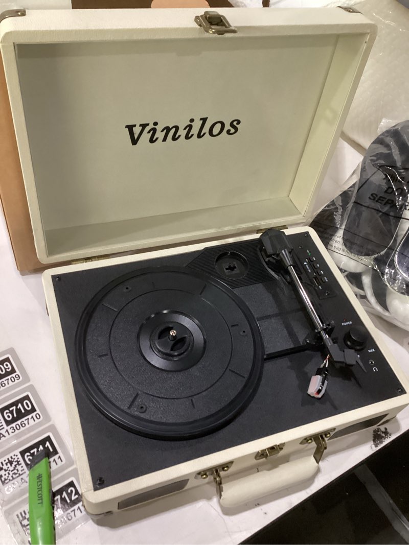 Condition photo showing As Is for Not tested!!! Similar to stock photo ** Vinyl Record Player with Bluetooth and Built-in Speakers, 3-Speed Portable Turntable for Vinyl Records, Retro Suitcase Design, USB Recording, Includes Extra Stylus, Ideal for Beginners(Black)-Vinilos