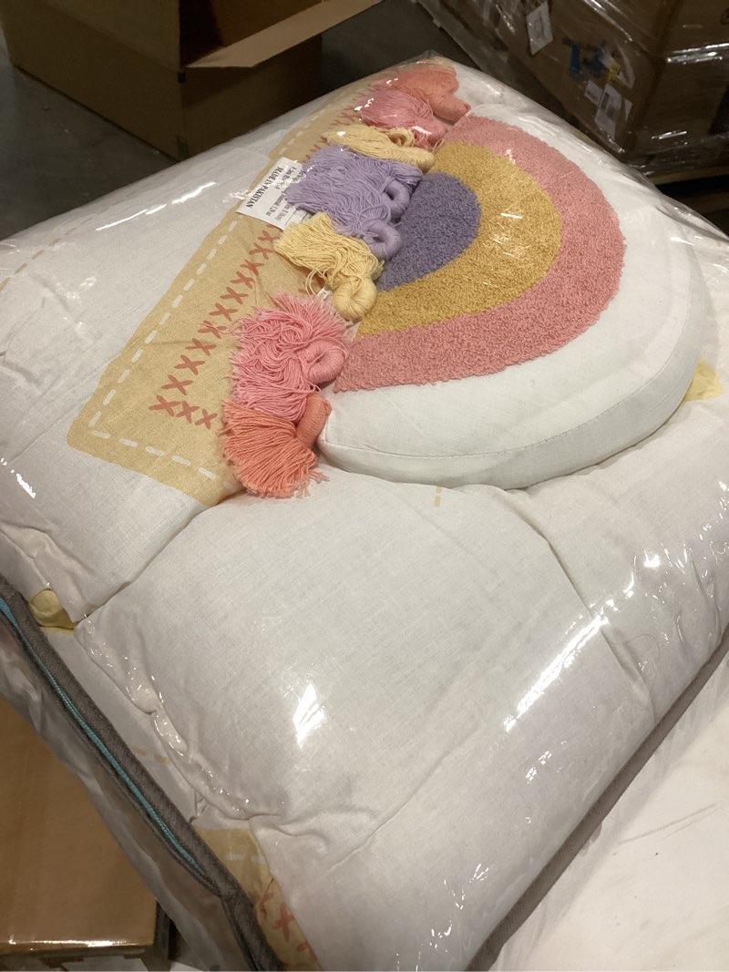 Condition photo showing Good Condition for Intelligent Design Kids Comforter Sets, Sun, Smiling Emoji, Rainbow & Clouds Cartoon Reversible Print, Down Alternative, All Season Bedding, Matching Sham, Toss Pillow, Twin Yellow/Coral 3 Piece Twin Sunny Yellow/Coral