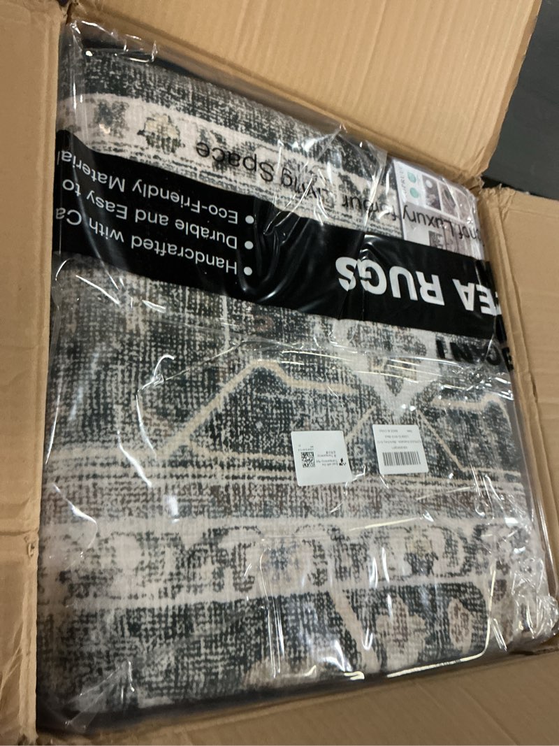 Condition photo showing New/Like New for Washable Oriental Area Rug - 9x12 Rugs for Living Room Soft Carpet for Bedroom Waterproof Floral Distressed Indoor Stain Resistant Non-Shedding Floor Carpets (Black/Grey, 9x12) 9X12 Black/Grey