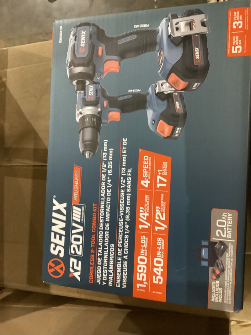 Condition photo showing New/Like New for senix x2 20-volt 2-tool brushless power tool combo kit with soft case (2-batteries included and charger included)