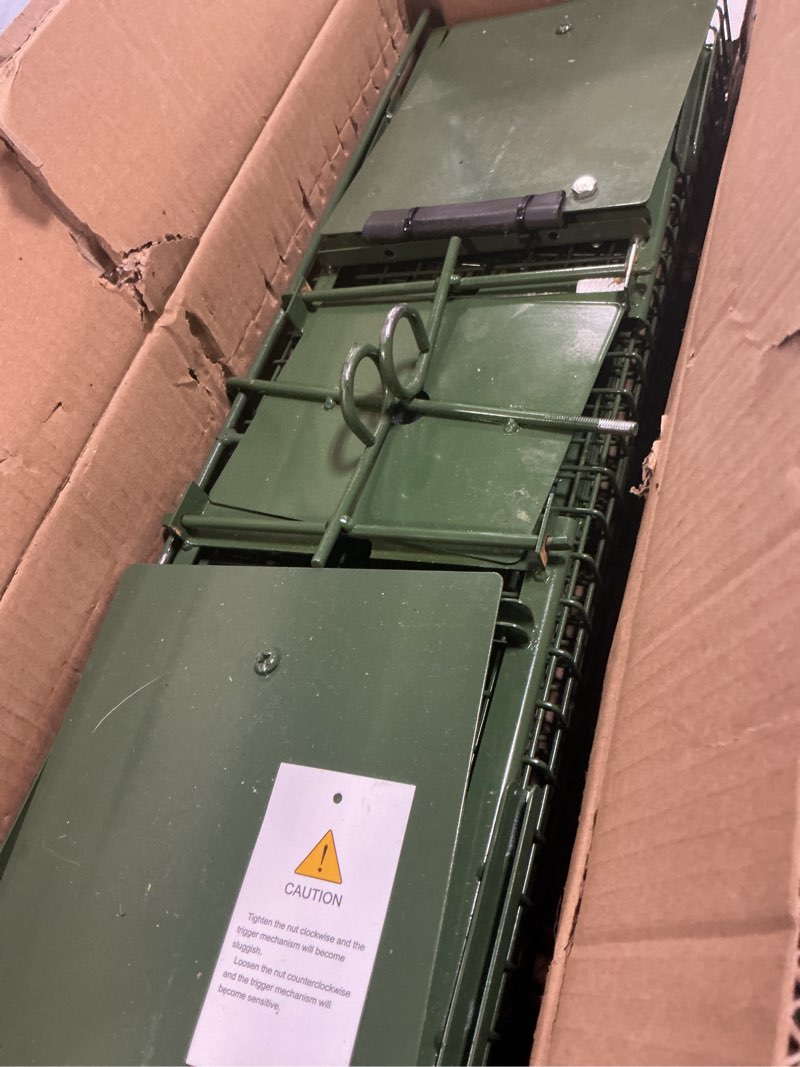 Condition photo showing As Is for 26" 2-door live animal traps for stray cats up to 5.5 pounds, raccoons, squirrel, skunk, mole, groundhog, armadillo, rabbit, with pedal triggers