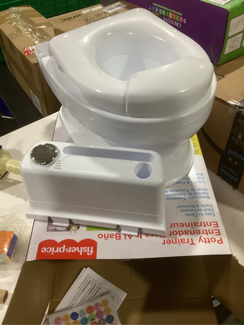 Condition photo showing Good Condition for Fisher-Price™ 2-N-1 Potty Trainer with Flushing Sounds, Chart & Storage – White Floor Potty Chair with Splash Guard, Removable Ring & Bowl, Patented Snap Safe Ring Technology