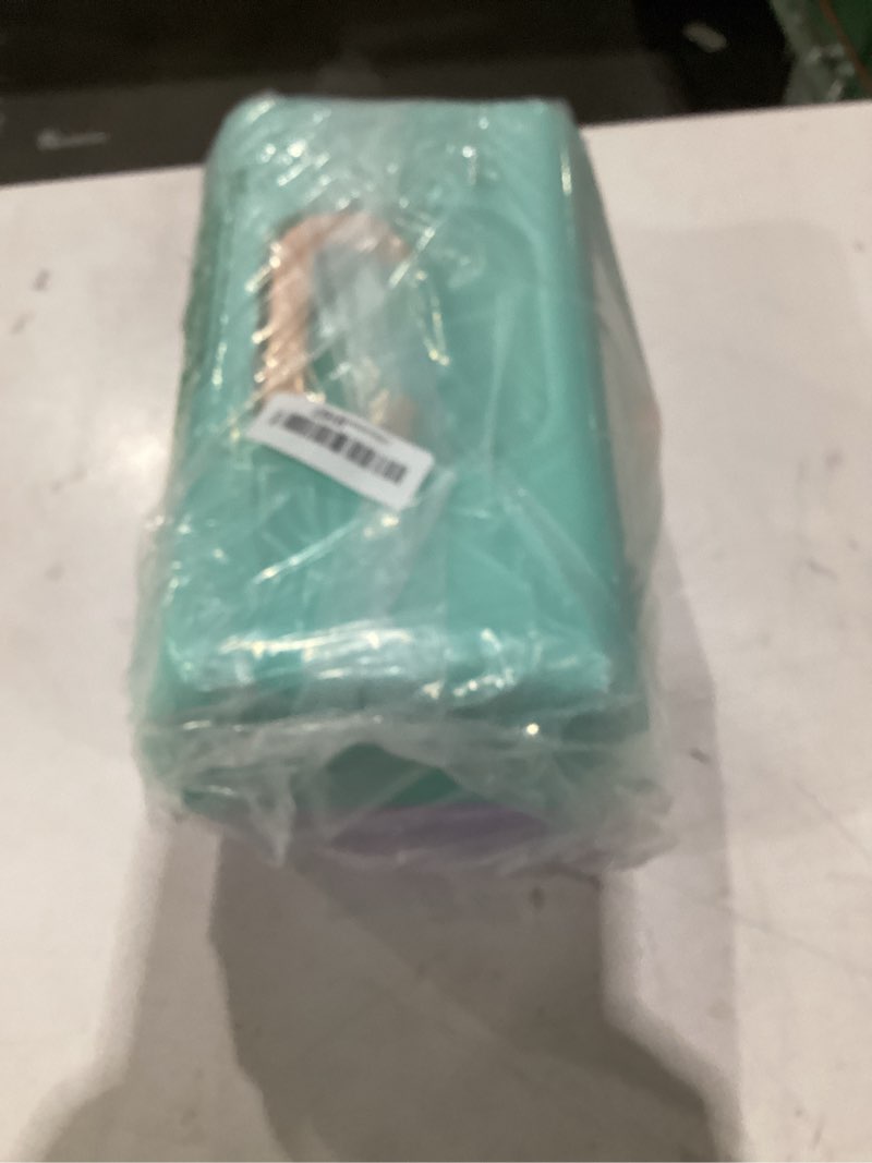 Condition photo showing Good Condition for caboodles on-the-go girl makeup box, seafoam on lavender, hard plastic makeup organizer box, built-in mirror, secure latch for safe travel, spacious storage for large items seafoam over lavender