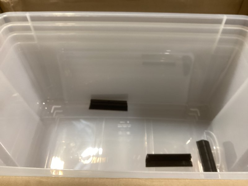 Condition photo showing Good Condition for IRIS USA 72 Qt Stackable Plastic Storage Bins with Lids, 4 Pack - BPA-Free, Made in USA - See-Through Organizing Solution, Latches, Durable Nestable Containers, Secure Pull Handle - Clear Clear 72 Qt 4 Pack