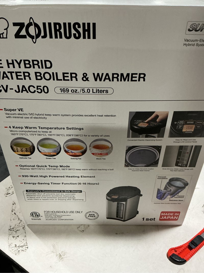 Condition photo showing As Is for zojirushi cv-jac50xb 5.0 liter ve hybrid water boiler and warmer (stainless black) boiler 5.3 quarts