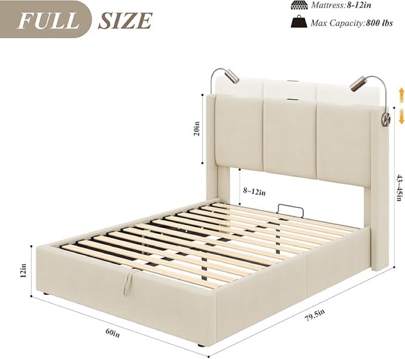 (Incomplete)HOSTACK Full Size Lift Up Storage Bed Frame with Charging Station, Modern Upholstered Platform Bed with Reading Light & Adjustable Wingback Headboard, Hydraulic Storage, No Spring Box Needed, Beige