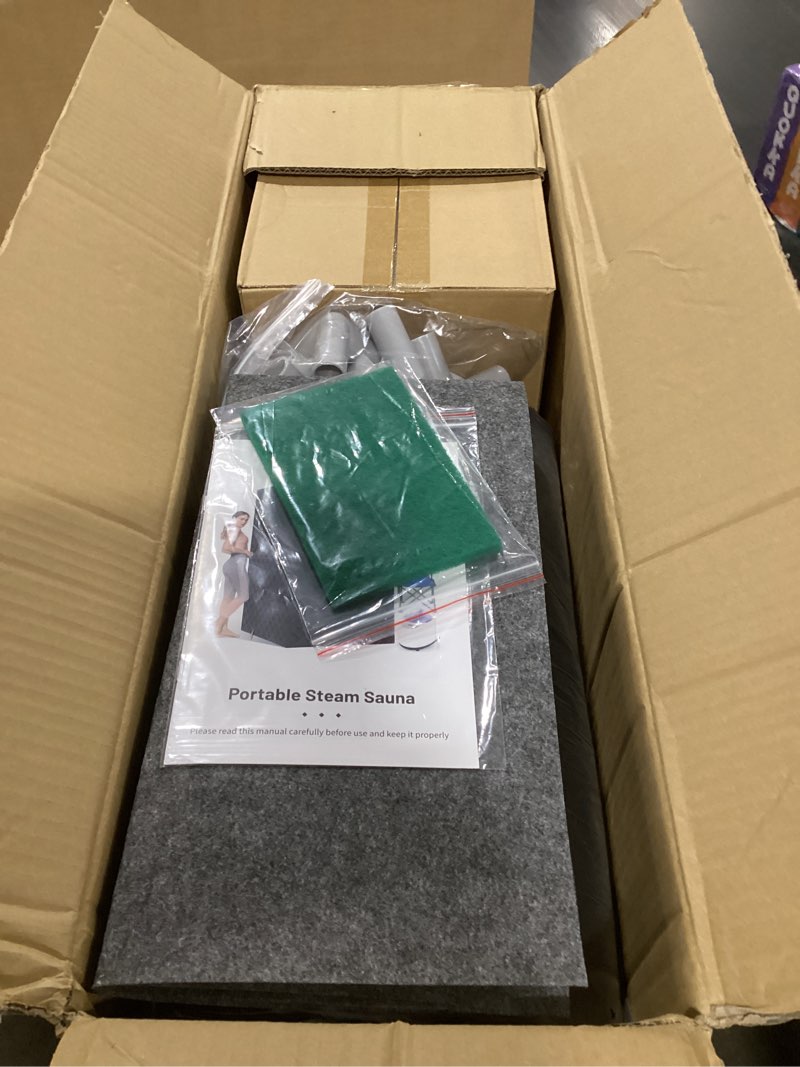 Condition photo showing Good Condition for Upgraded Sauna Box for Relaxation, Detoxification, Portable Sauna for Home with Steamer, Remote Control, Folding Chair, 9 Levels, 2.6’ x 2.6’ x 5.9’ Black