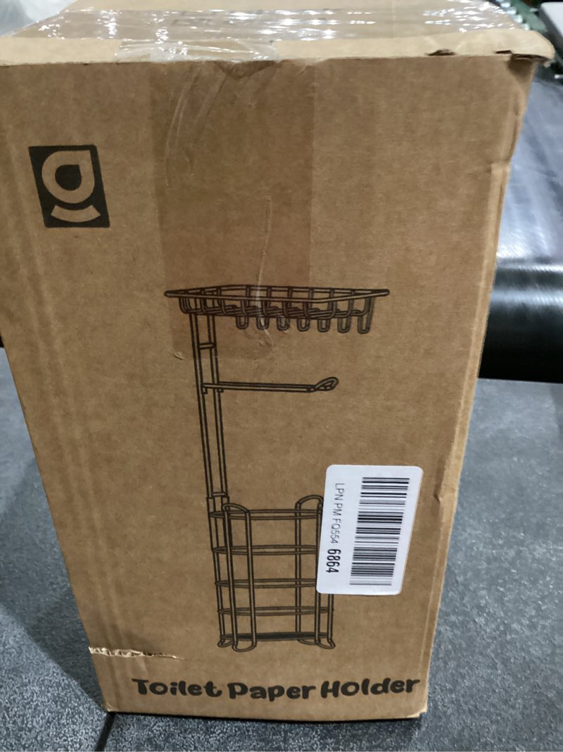 Condition photo showing New/Like New for Gold Free Standing Toilet Paper Holder Stand with Phone Shelf, Floor Bathroom Tissue Holder for Large Mega Rolls, Metal Freestanding Toilet Paper Roll Holder with Wipes Storage Tray