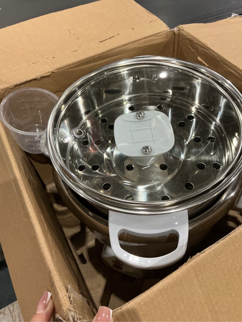 Condition photo showing As Is for aroma housewares 14-cup (cooked) / 3qt. select stainless pot-style rice cooker, & food steamer, one-touch operation, automatic keep warm mode, white (arc-757-1sg)