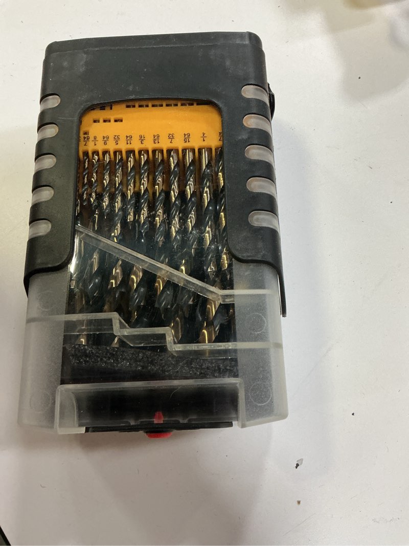 Condition photo showing New/Like New for 29pcs brad point drill bit set, titanium coated hss wood drill bits for hardwood & softwood, full ground with self-centering tip (1/16-1/2 inch, 1/64 inch increment) & storage case