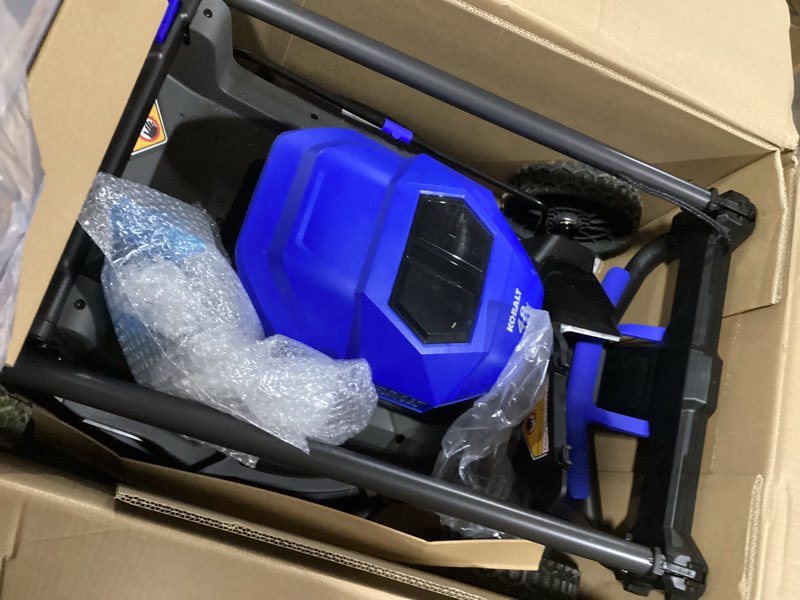 Condition photo showing As Is for possibly incomplete , missing charger, kobalt 48v max (24vx2) 21-in push mower kit, (2) 5.0ah batteries  included