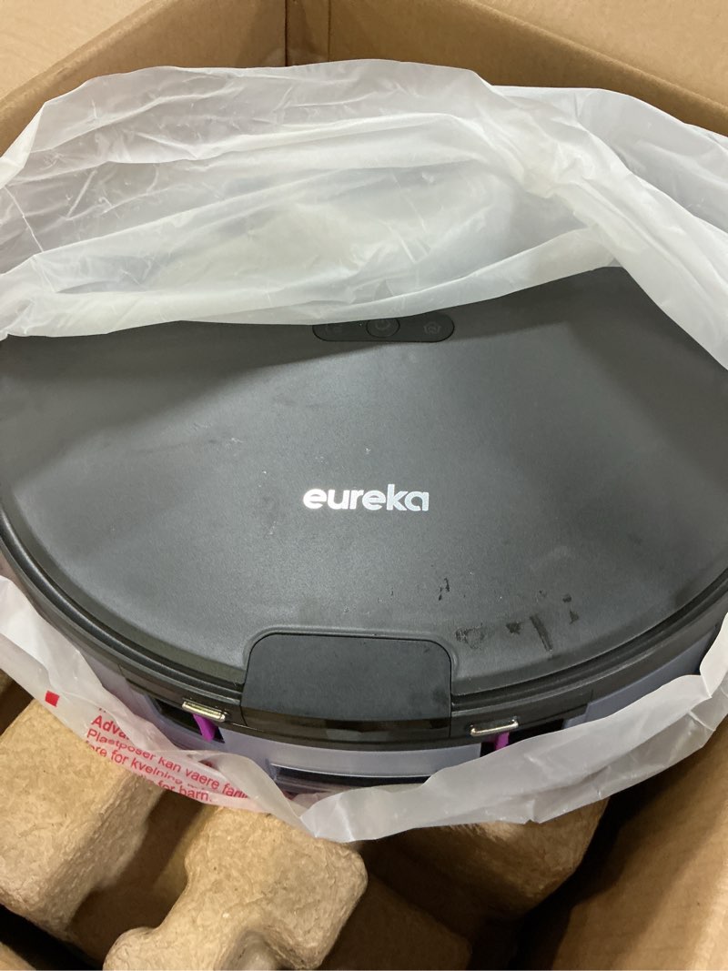 Condition photo showing As Is for eureka e20 evo plus robot vacuum and mop combo, 10,000pa suction robot vacuum cleaner bagless self-emptying station, 45-day capacity anti-hair-tangling side brush mop lifting app control lidar nav black