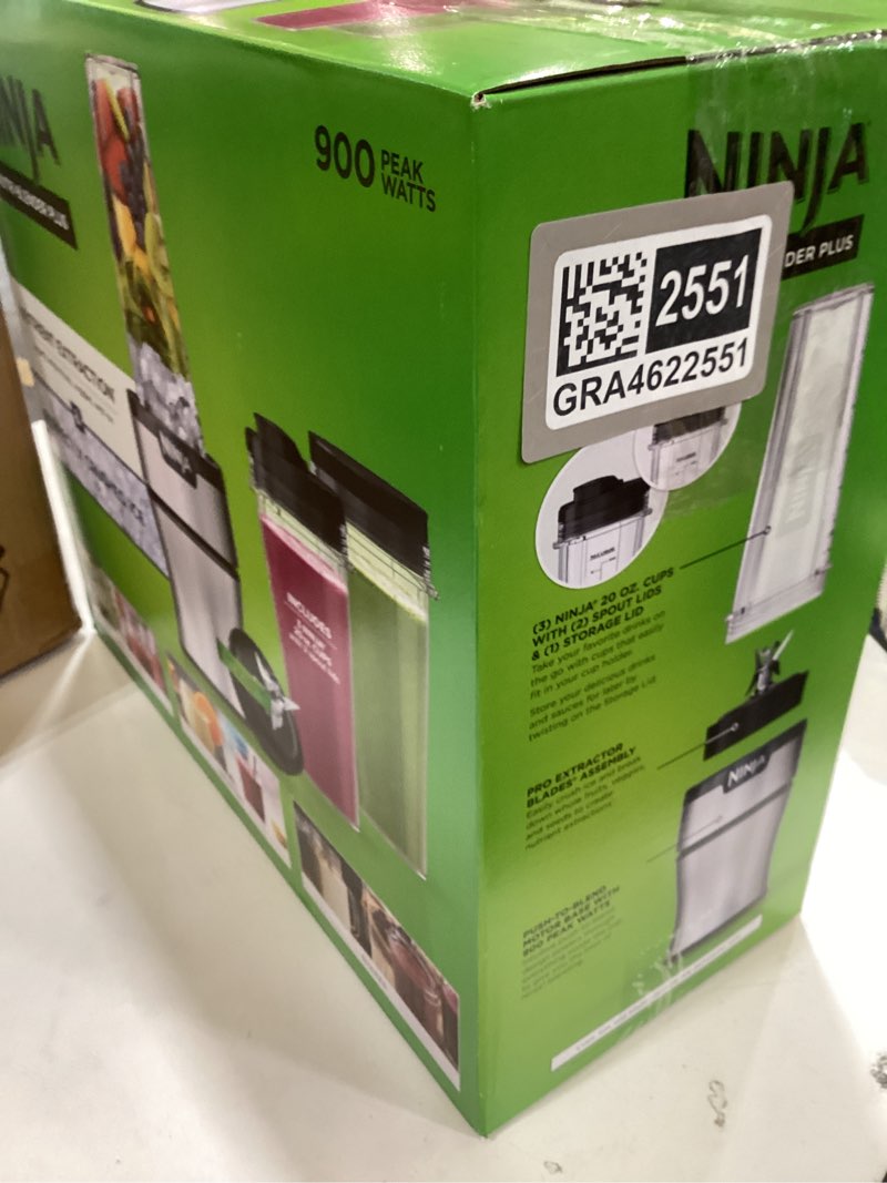 Condition photo showing New/Like New for ninja bn301 nutri-blender plus compact personal blender, 900-peak-watt motor, frozen drinks, smoothies, sauces & more, (3) 20 oz. to-go cups, (2) spout-lids (1) storage-lid, dishwasher safe, silver push to blend + 3 cups