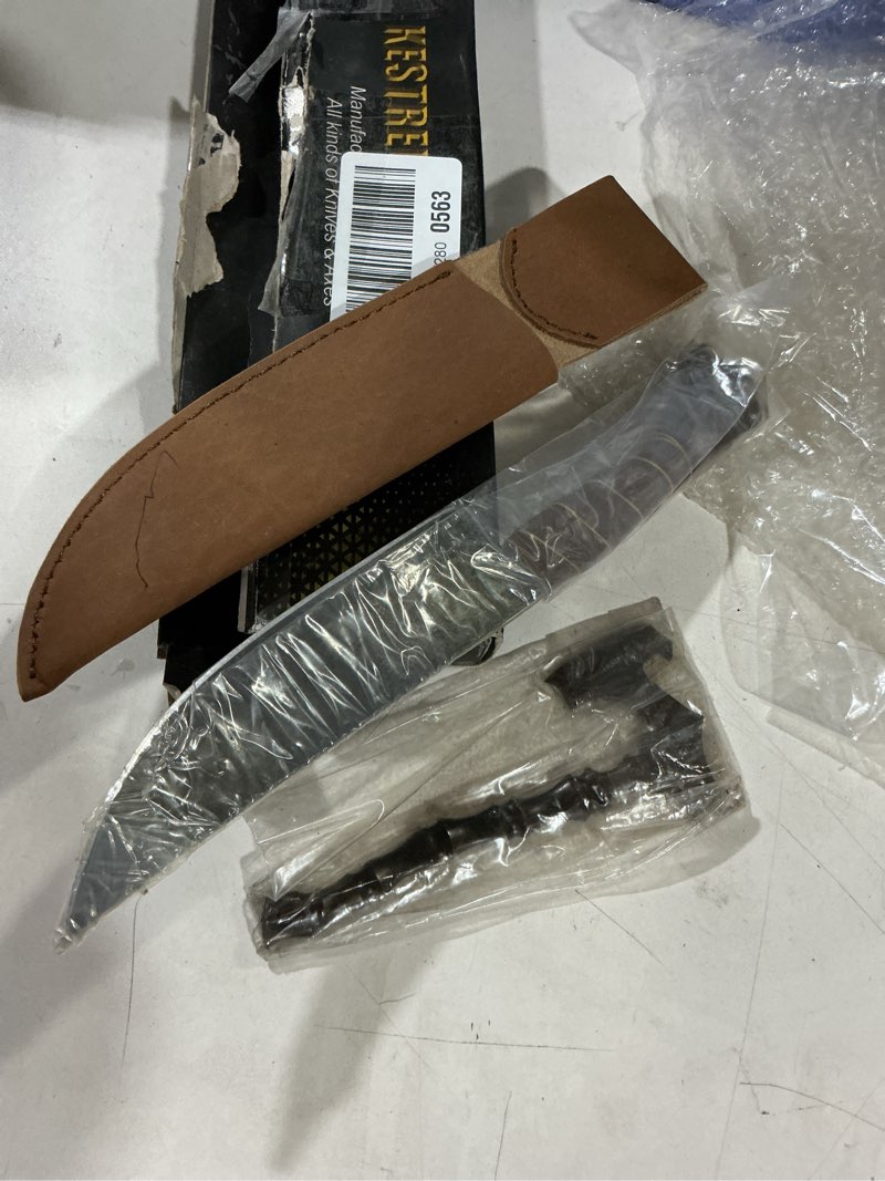 Condition photo showing Good Condition for custom handmade viking carbon steel wolf head knife with pure cowhide leather sheath, viking carbon steel knife with wolf head hilt, viking axe bottle opener, axe beer bottle opener included (kiw-103)
