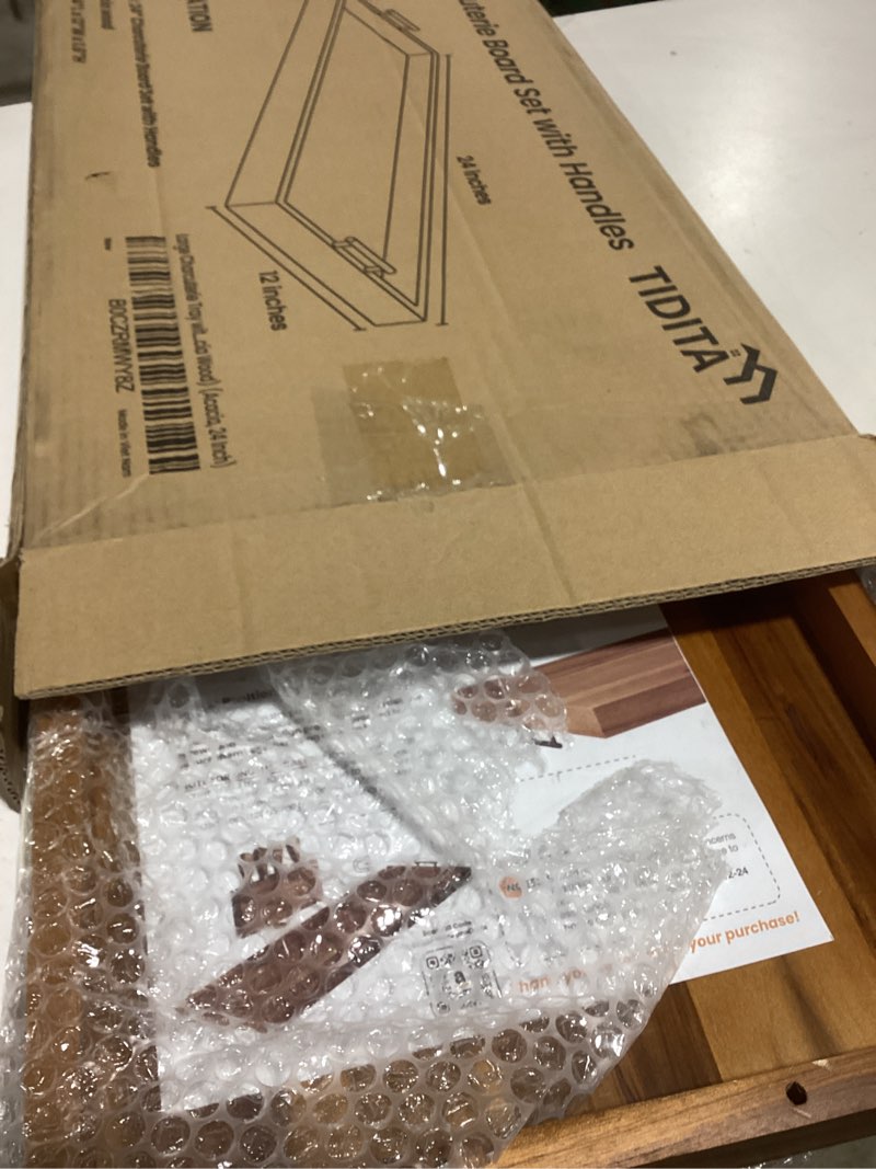 Condition photo showing Good Condition for 24" Large Charcuterie Tray with Handles, Extra Long Wooden Serving Cheese Boards - Serving Platter for Meat, Party Appetizers, Outdoor & Fruits Display (Acacia Wood) 24 Inch Acacia