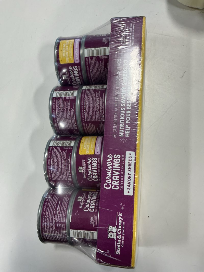 Condition photo showing New/Like New for Stella & Chewy's Carnivore Cravings Savory Shreds - Wet Cat Food - High-Moisture Formula with Premium Cage-Free Chicken & Chicken Liver - Perfect for Picky Eaters - 2.8 oz, 24 Count Chicken & Chicken Liver 2.8 Ounce (Pack of 24)