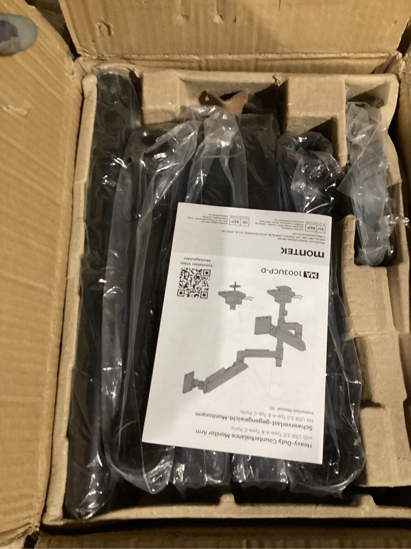 Condition photo showing Good Condition for monTEK Sleek Aluminum Monitor Arm for 17–57” Ultrawide Screens up to 59 lbs, USB 3.0 A/C, Heavy Duty Dual Monitor Arm Desk Mount, Pneumatic Lift, Quick-Release Plate, Clamp/Grommet, Max VESA 100x100 Black Dual Arm with USB 3.0 A & C