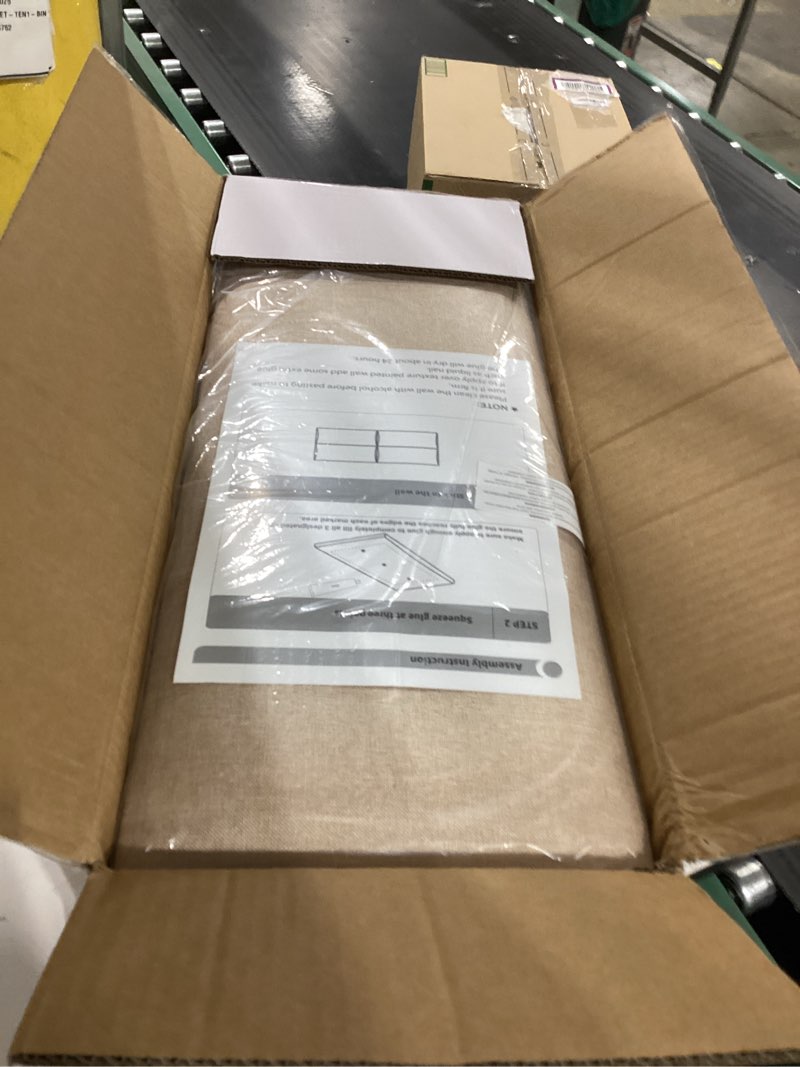 Condition photo showing As Is for IFNOW Upholstered Wall Mounted Headboard, 3D Soundproof Wall Panels Peel and Stick for Queen Size, Reusable and Removable Tufted Bed Headboard in Linen (6 Panels, 10" x 24") Fabric-linen Twin