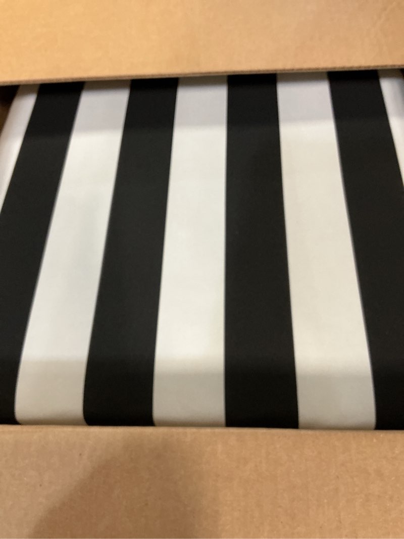 Condition photo showing New/Like New for arden indoor/outdoor seat or rocking chair cushion, 19 x 18, water repellent, rain proof, fade resistant cushion for rocking or dining chairs black cabana stripe polyfill 18 x 19 black cabana stripe