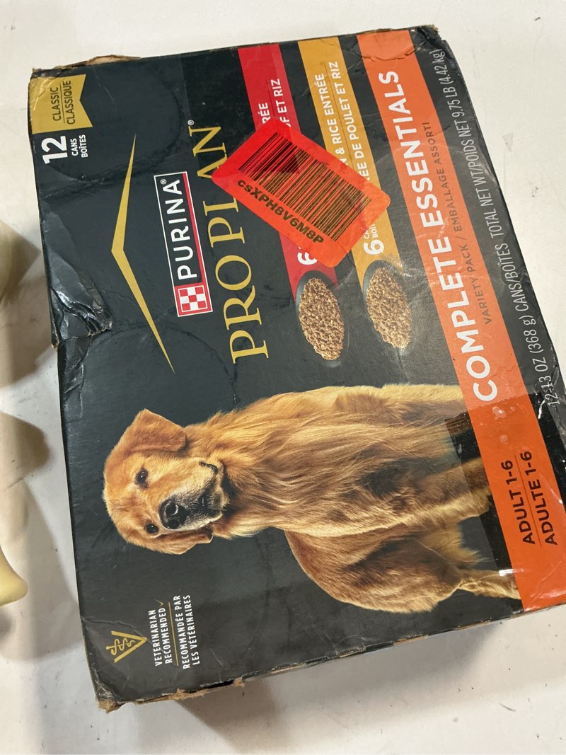 Condition photo showing New/Like New for (best by 12/2027) purina pro plan complete essentials wet dog food chicken and rice entree and beef and rice entree variety pack - (pack of 12) 13 oz. cans