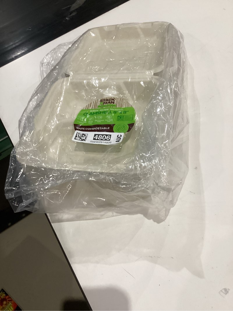 Condition photo showing Good Condition for 100% compostable clamshell take out food containers [8x8" 50-pack] heavy-duty quality to go containers, natural disposable bagasse, eco-friendly biodegradable made of sugar cane fibers 8x8" clamshell -- 50 pack
