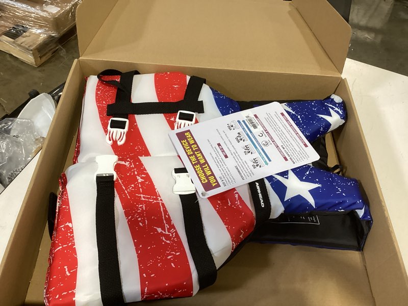 Condition photo showing As Is for sportstuff stars & stripes life jacket for adults & kids - uscg approved life vest for men, women, youth & child, open-side watersports vest for boating, tubing & swimming adult oversized