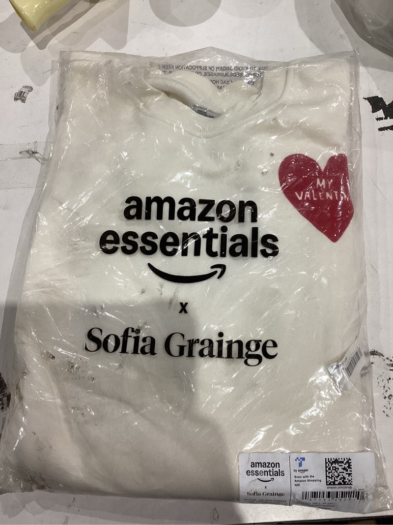 Condition photo showing New/Like New for Amazon Essentials x Sofia Grainge Women's Boxy Drop Shoulder Crewneck Sweatshirt Large Ivory Red Valentine