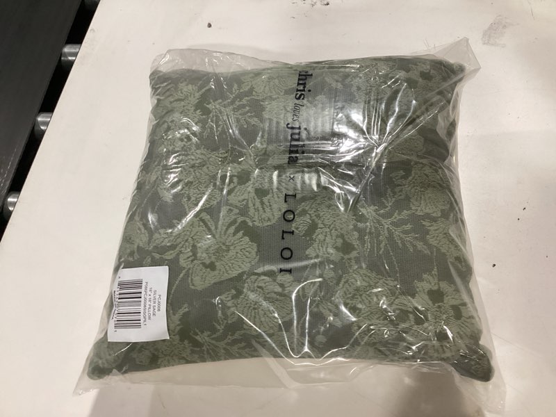 Condition photo showing New/Like New for loloi chris loves julia x matilda silver sage 18'' x 18'' pillow classic silver sage