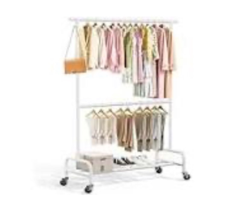 abiglifty 2 tier rolling clothes rack, heavy-duty clothing rack with wheels,150lbs capacity, 43\" w x17 d x 75\" h rack for clothes to hang, for bedroom, living room, 2026 new white
