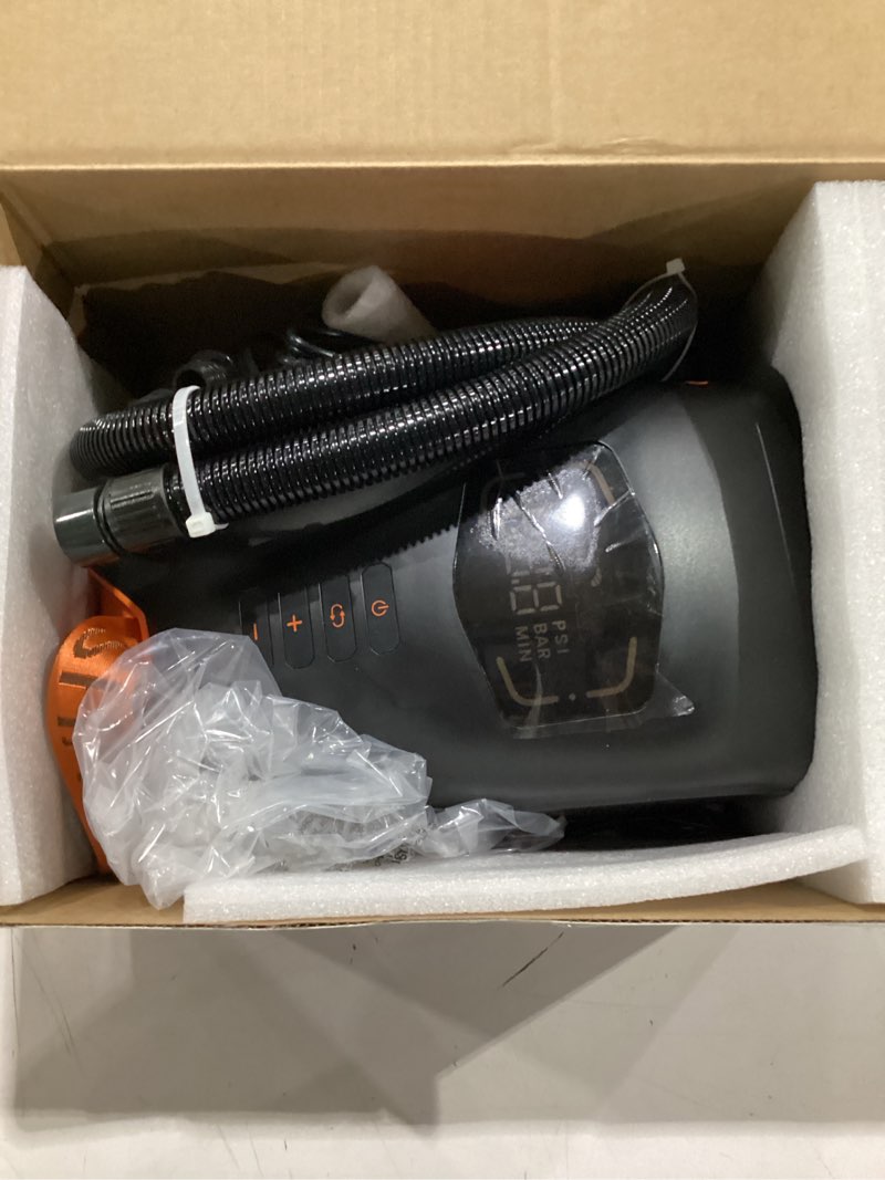 Condition photo showing New/Like New for outdoormaster shark 3 paddle board pump electric 74wh- 3'50\" fast inflation | 74wh rechargeable sup air pump, one charge for 4 sups,12v/15.8v dc input, digital display, 20psi, auto-off, 8 nozzles