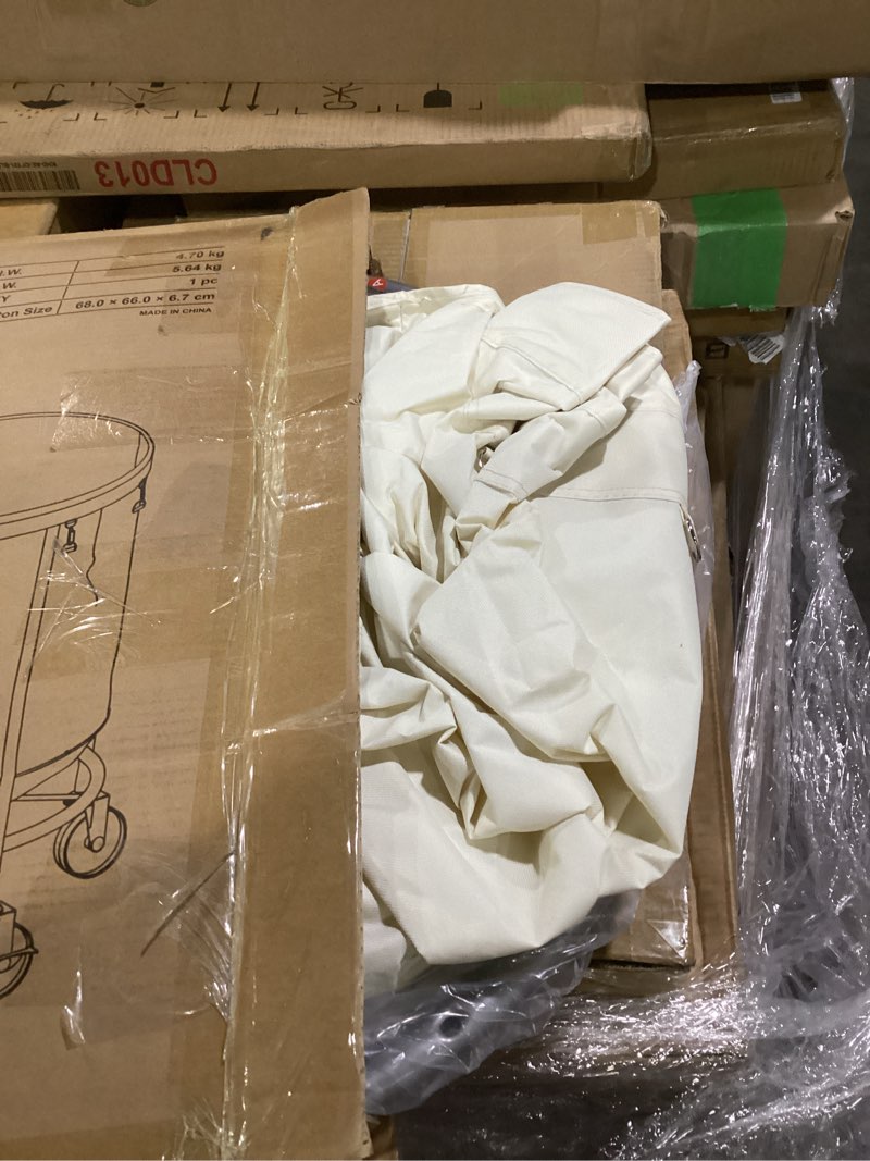 Condition photo showing As Is for songmics 63.5-gallon (240 l) laundry basket with wheels, rolling round heavy-duty laundry hamper cart with steel frame and removable bag, 2 locking wheels, cream white and metallic silver urls012w01 cream white + metallic silver 240 l (2-section)