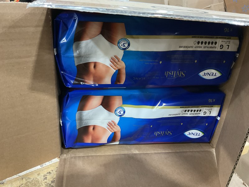 Condition photo showing New/Like New for tena stylish white incontinence underwear for women, super plus heavy absorbency, adult diapers, large (waist sizes 37in-50in), 64 count (2 packs of 16) large 64