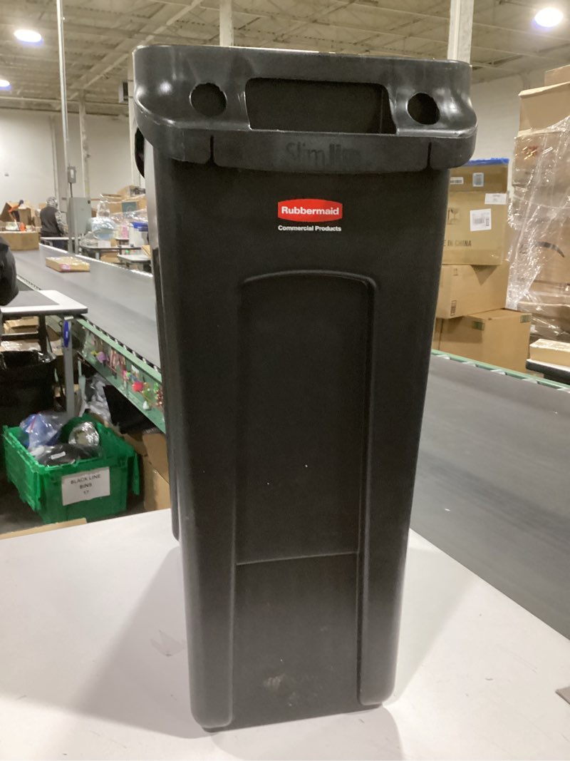 Condition photo showing As Is for rubbermaid commercial products slim jim plastic rectangular trash/garbage can/bin with venting channels, 16 gal, black, for kitchens/classrooms/offices/back of house 16 gal 1-pack black