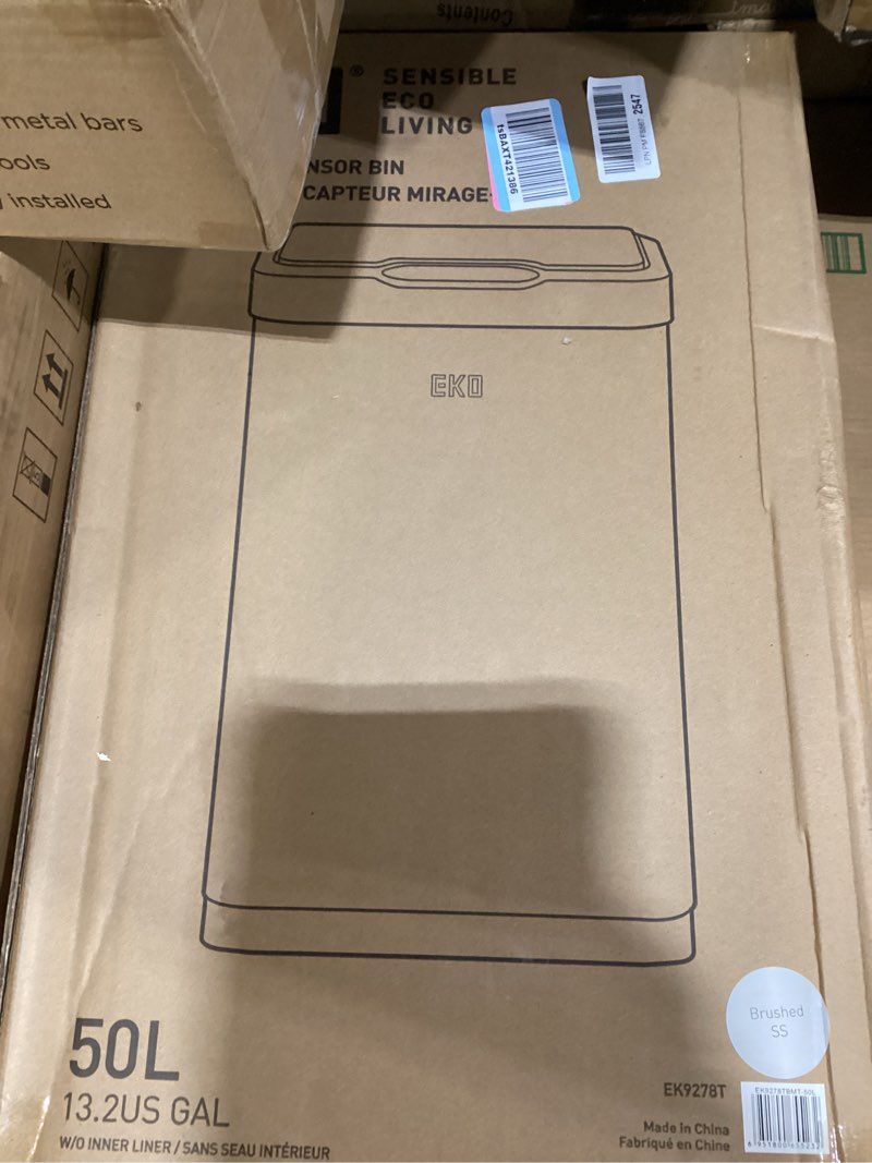Condition photo showing As Is for EKO Mirage-T 50 Liter / 13.2 Gallon Touchless Rectangular Motion Sensor Trash Can, Brushed Stainless Steel Finish