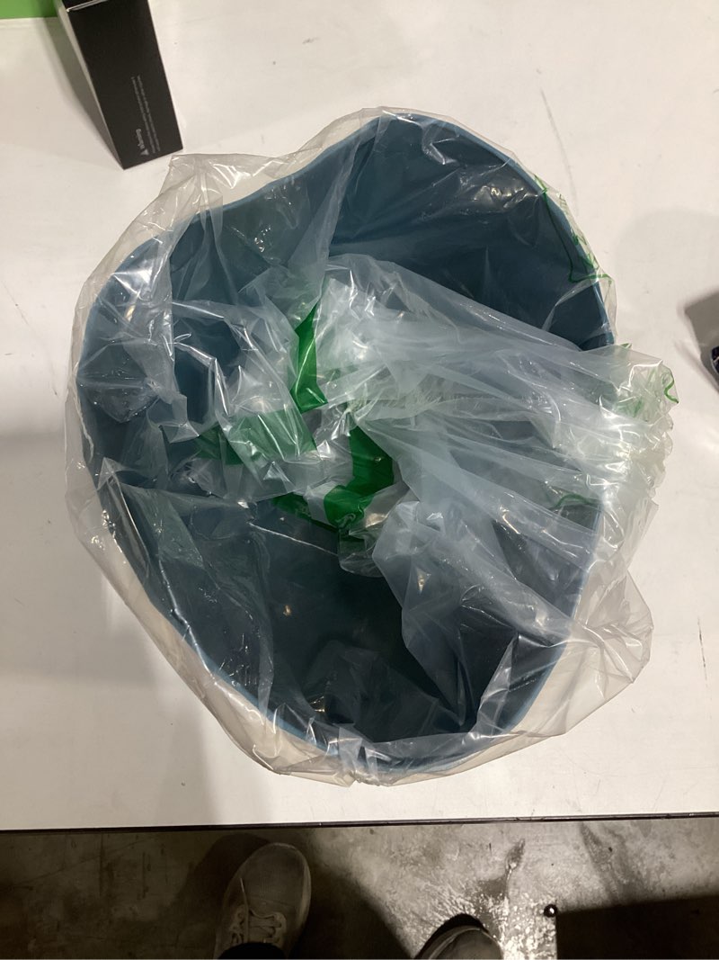 Condition photo showing As Is for small plastic trash can - 1.8 gallon - blue - wastebasket garbage can container - bathrooms, laundry room, kitchens, offices