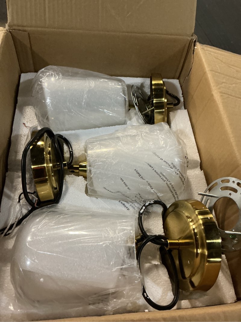Condition photo showing Good Condition for vonluce pendant lights kitchen island, brushed gold pendant light fixtures with e26 base & adjustable cable, modern pendant lighting with glass shade for living room bedroom hallway, 3 packs gold 3 pcs