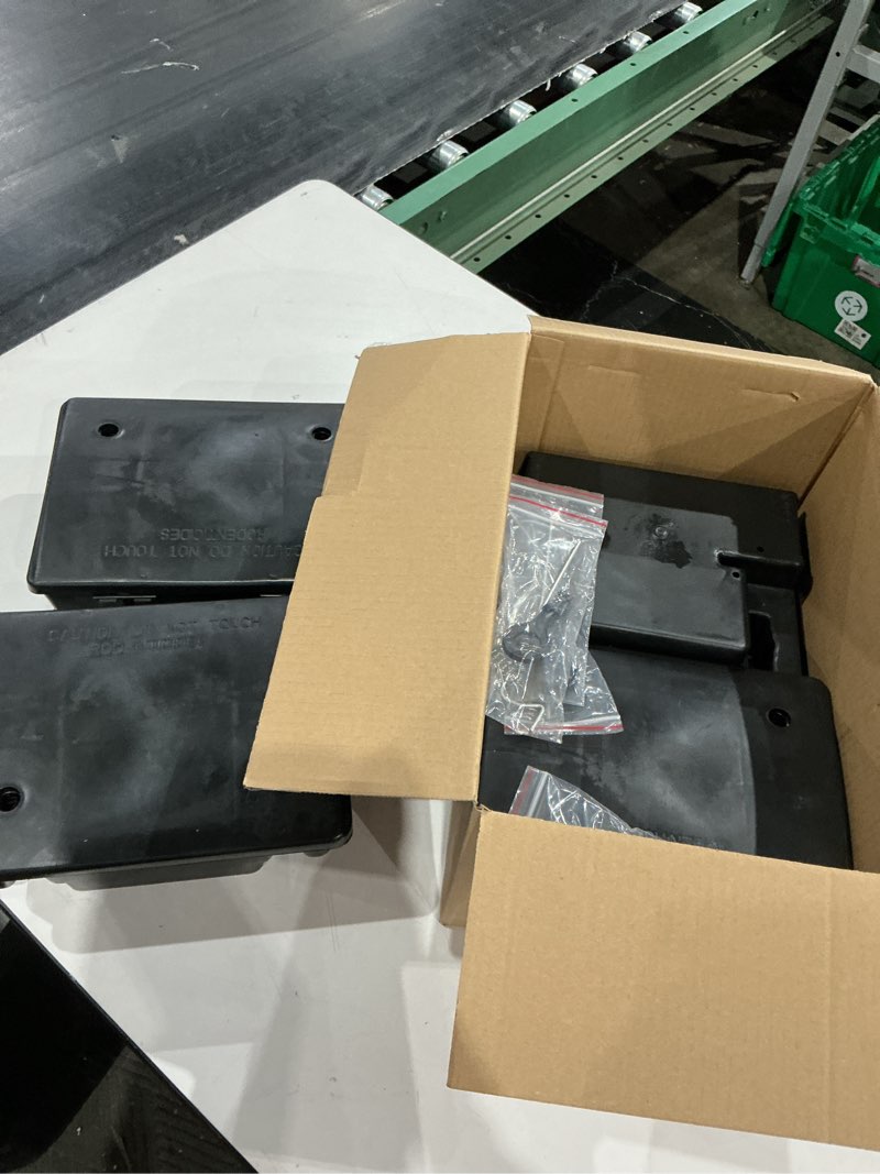 Condition photo showing As Is for qualirey 4 pack rat bait stations large rodent with key reusable mouse stations mice blocks heavy duty boxes for outdoor rodents mice blocks, bait not included, black (9.8 x 7.5 x 3.9 inches) 9.8 x 7.5 x 3.9 inches classic 4