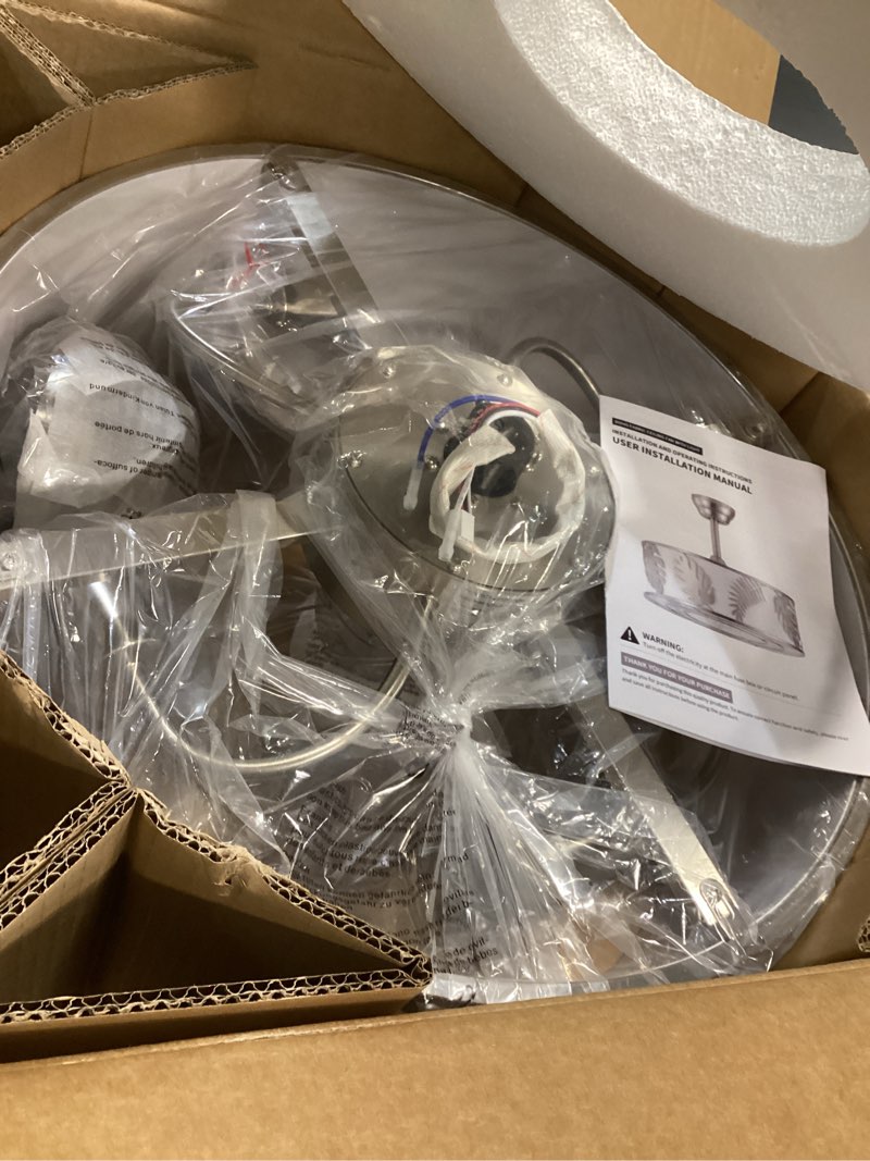 Condition photo showing Good Condition for 20" Silver Caged Ceiling Fans with Lights, Silver Fandelier Ceiling Fan with Light Remote Control, Bladeless Caged with 6 Speeds for Bedroom, Nursery, Living Room Grey