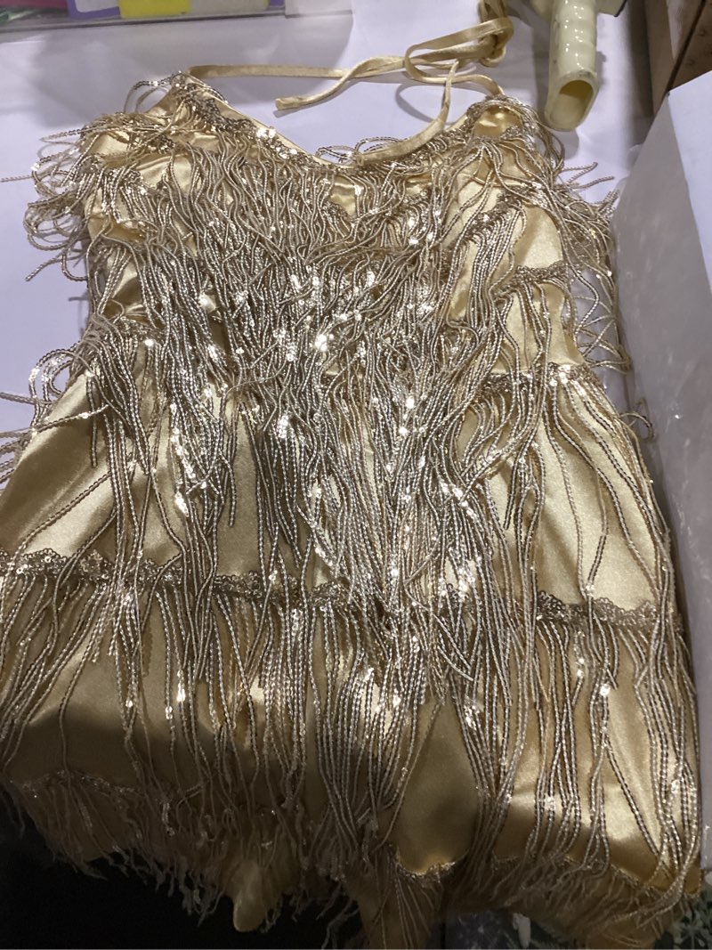 Condition photo showing Good Condition for women halter tassel fringe romper layered fringe mini dress sexy backless short jumpsuit playsuit disco birthday dance outfit gold small
