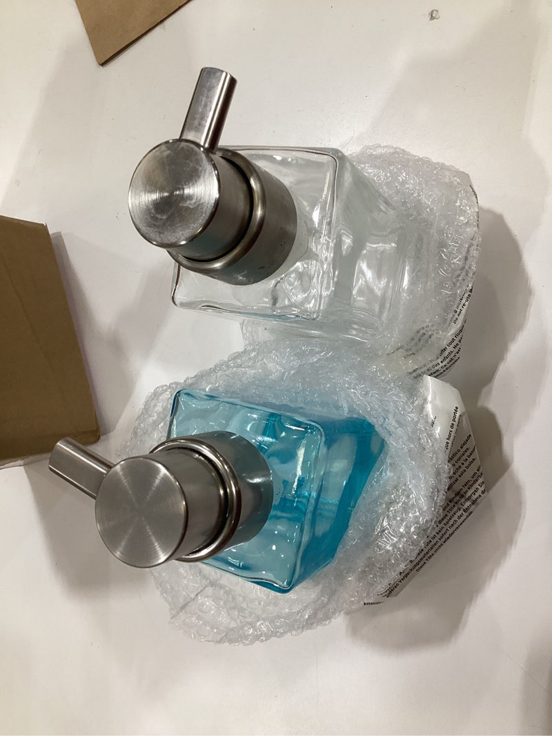 Condition photo showing As Is for mdesign glass refillable foaming hand soap dispenser modern square pump bottle for bathroom vanities or kitchen sink, countertops - 2 pack - clear/chrome clear/chrome pack of 2
