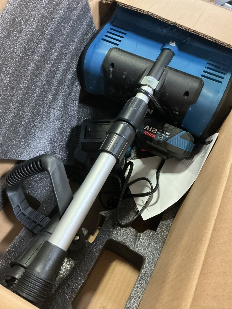 Condition photo showing As Is for Cordless Electric Snow Shovel Rake, 21V 12-Inch Brushless Battery Snow Blower with 4.0Ah & Fast Charger, 20FT Throw Distance, Compact Design, Adjustable Front Handle, for Driveway/Sidewalk – Blue