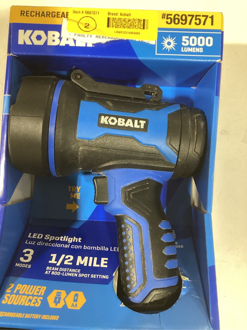 Condition photo showing As Is for Kobalt 5000-Lumen 3 -Adjustable Mode LED Rechargeable Spotlight Flashlight
