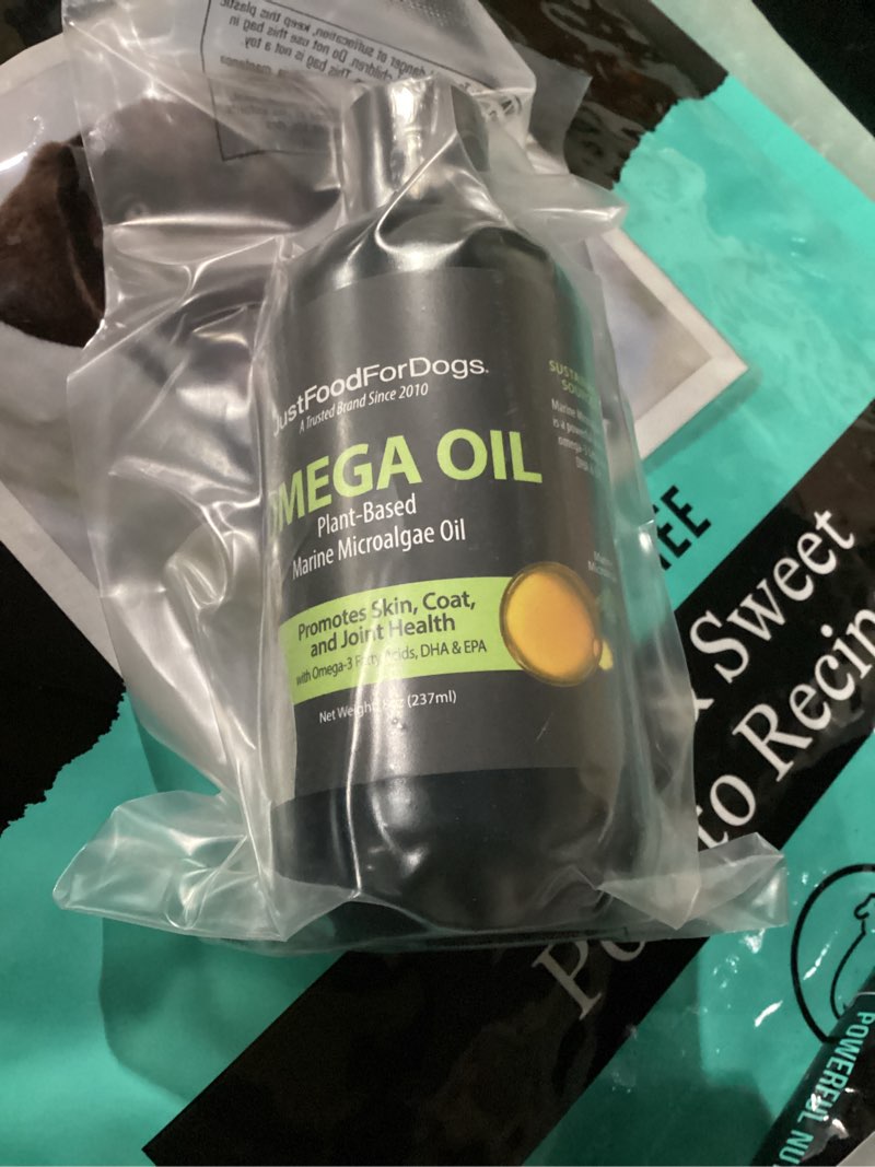 Condition photo showing New/Like New for JustFoodForDogs Plant Based Marine Microalgae Oil and Omega Oil for Dogs, 8 oz.