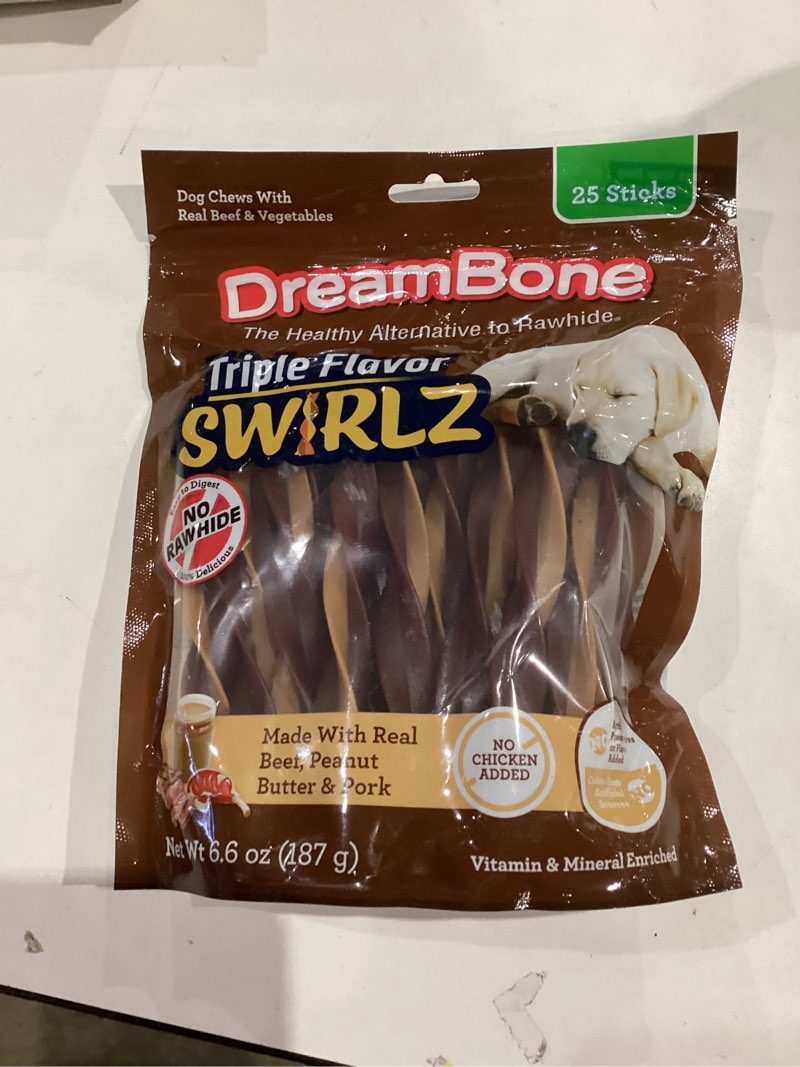 Condition photo showing New/Like New for DreamBone Triple Flavor Swirlz No Chicken Added for Dogs, 25 Count, Treat Your Dog to Easy-to-Digest Rawhide-Free Chews Made with Real Beef, Peanut Butter and Pork Peanut Butter 6.6 Ounce (Pack of 1)