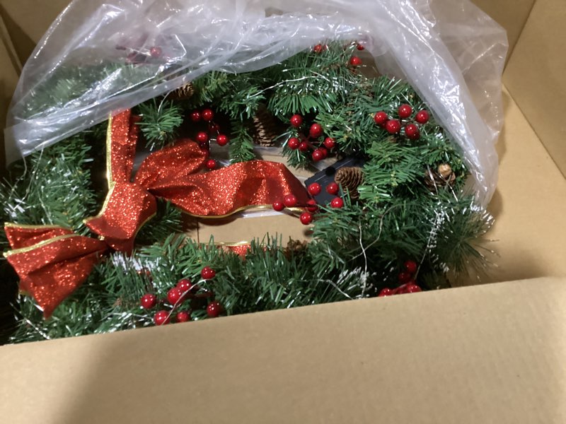 Condition photo showing As Is for Christmas Wreath Front Door Wreath - 24 Inch Pre-Lit Outdoor Wreaths for Front Door Battery Operated