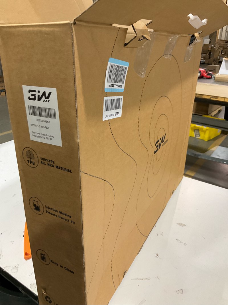 Condition photo showing Good Condition for 3w floor mats fit for jeep wrangler 4xe 2021-2024 2025 hybrid 4 door (non jl or jk), black all-weather tpe floor liner for 1st and 2nd row full set car mats, grey logo
