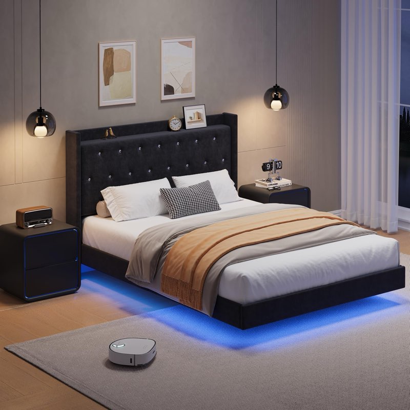 Garvee Queen Size Bed Frame with LED Lights, Floating Bed with Velvet Upholstered Storage Headboard,