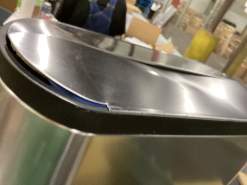 Condition photo showing As Is for damaged lid simplehuman 45 liter / 11.9 gallon butterfly lid kitchen step trash can, brushed stainless steel 45 liter brushed